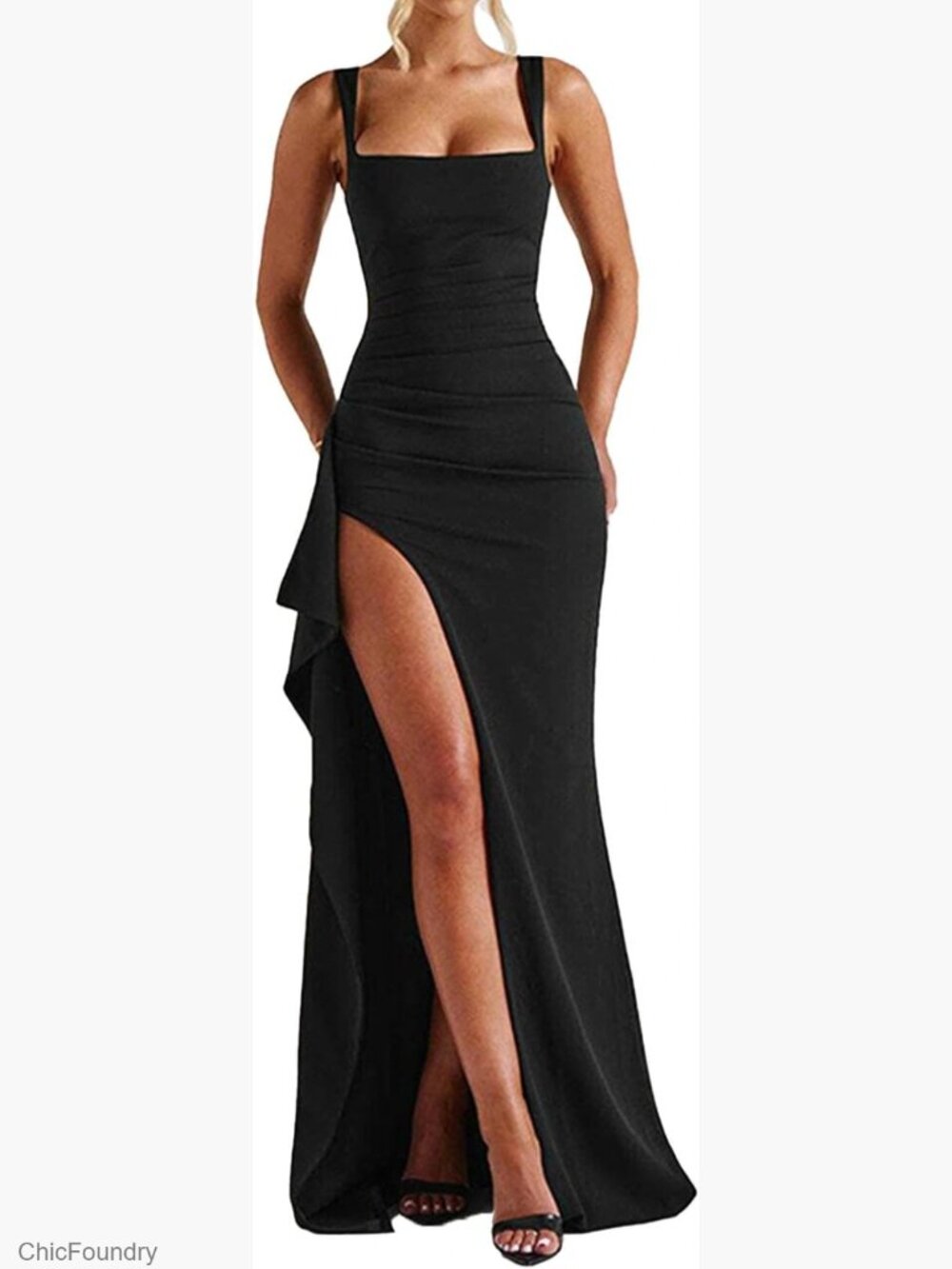 Women's Formal Dress Square Neck Maxi Gown High Slit Cocktail Evening